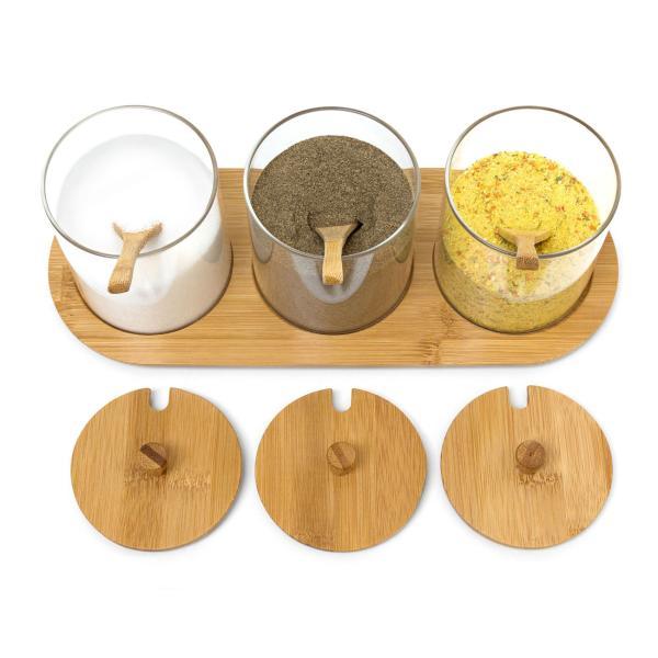 3er-Set Gewürzgläser aus Glas mit Bambus Brett - Marmeladenbar & Dipschalen - Deckel Löffel - hygienisch dekorativ - 8.5x30.5x12cm