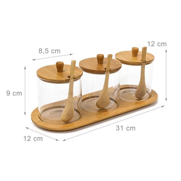 3er-Set Gewürzgläser aus Glas mit Bambus Brett - Marmeladenbar & Dipschalen - Deckel Löffel - hygienisch dekorativ - 8.5x30.5x12cm