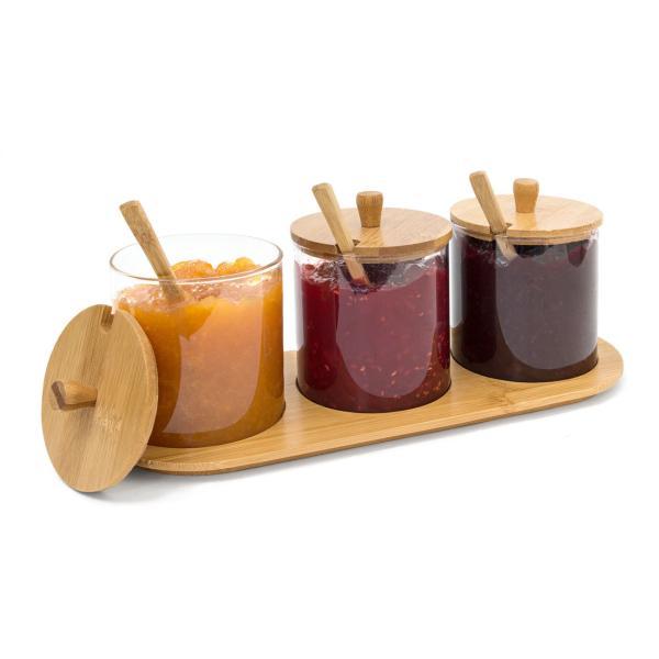 3er-Set Gewürzgläser aus Glas mit Bambus Brett - Marmeladenbar & Dipschalen - Deckel Löffel - hygienisch dekorativ - 8.5x30.5x12cm