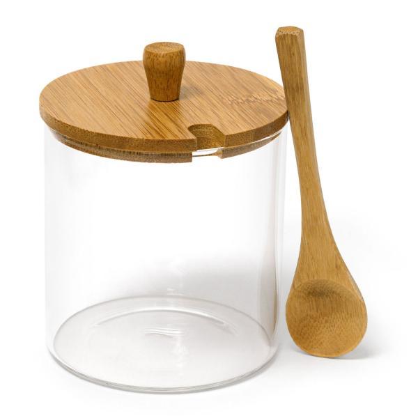 3er-Set Gewürzgläser aus Glas mit Bambus Brett - Marmeladenbar & Dipschalen - Deckel Löffel - hygienisch dekorativ - 8.5x30.5x12cm