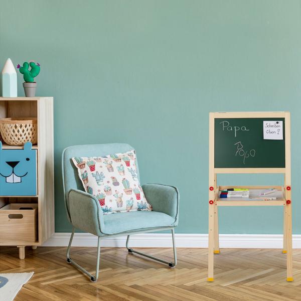 Kindertafel Standtafel aus Kiefernholz - Beidseitig mit Kreidetafel, Whiteboard & Magnetismus - Höhenverstellbar - Ablagefach - Klappbar braun/grün/weiss