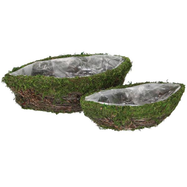 2er-Set Dekoschalen Natur Schiff - Pflanztöpfe mit Innenfolie für Pflanzen & Deko - Aus Ästen & Gras, braun/grün, 36/30cm Länge