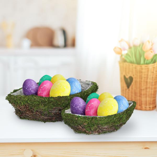 2er-Set Dekoschalen Natur Schiff - Pflanztöpfe mit Innenfolie für Pflanzen & Deko - Aus Ästen & Gras, braun/grün, 36/30cm Länge