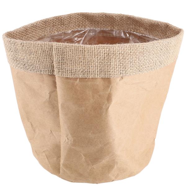 Pflanzsack aus Papier - Moderner Übertopf für Blumen & Kräuter mit Wolle-Applikation - Innenfolie schützt vor Nässe - Braun/Schwarz 16x17cm