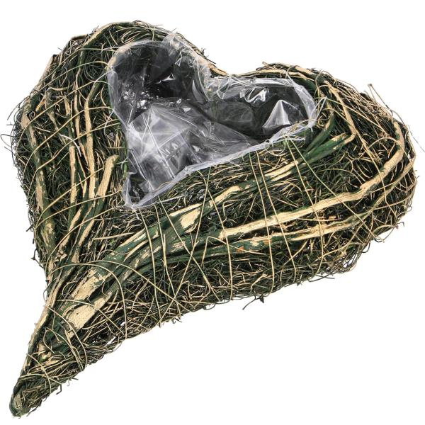 Natur-Pflanztopf Herz - Dekoschale aus Ästen geflochten - Grün/Gold, 25x20x5 cm - Für Innen & Aussen - Umweltfreundlich & vielseitig einsetzbar