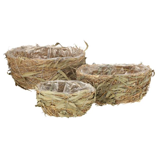 Pflanzkörbe-Set aus Heu & Bambus - 3er-Set Pflanztöpfe mit Innenfolie - Naturfarben - Deko, Aufbewahrung, Übertöpfe - 3 Grössen (29/24/18cm)