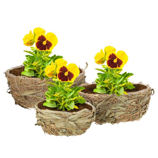 Pflanzkörbe-Set aus Heu & Bambus - 3er-Set Pflanztöpfe mit Innenfolie - Naturfarben - Deko, Aufbewahrung, Übertöpfe - 3 Grössen (29/24/18cm)