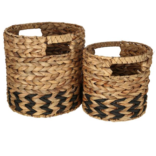 2er-Set Natur Körbe aus Gras-Geflecht - Korb Übertöpfe & Aufbewahrung - Braun/Schwarz, Ø25x25cm/Ø20x20cm - Mit Tragegriffen & Innenfolie