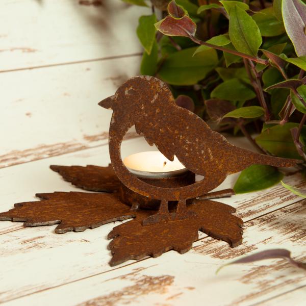 Teelichthalter Vogel aus Metall, Windlichtständer in Rostoptik, Höhe 15 cm