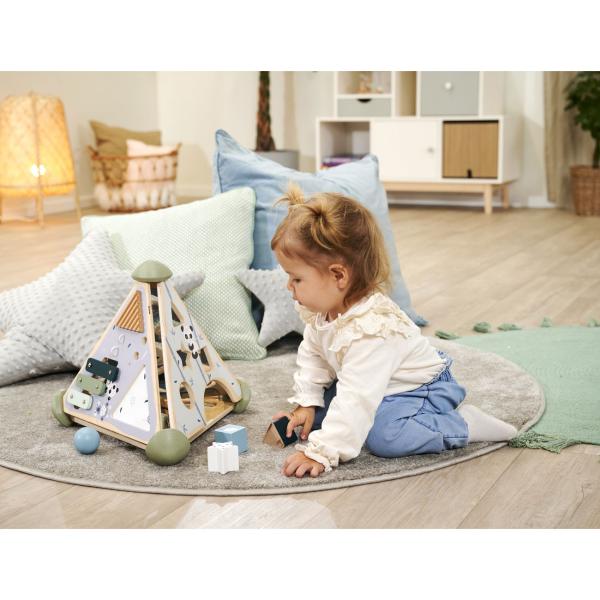 16-teilige Lernhilfe aus Holz für Kleinkinder - Pyramidenform Kugelbahn Steckspiel Memospiel Musikfunktion - Birkenholz 33x33x38cm - ab 1 Jahr Geschenk