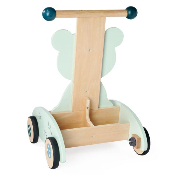 Birkenholz Lauflernwagen Panda Design - Stabile Lauflernhilfe für Kleinkinder ab 1 Jahr - Mit Bremse, Gummirädern, Ablagefläche - 34x40x52cm