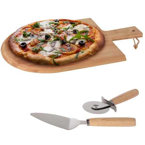 Pizza-Set aus Bambus - 3-teilig mit Pizzabrett, Schneider & Heber - Antibakteriell, geruchsneutral, Ø 43cm - Inkl. Haltegriff zum Aufhängen
