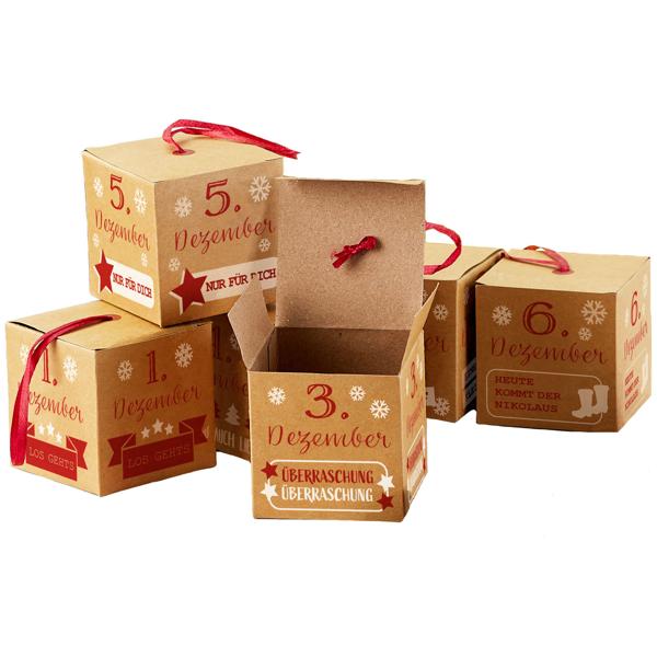 DIY Adventskalender zum Basteln - 24 Papp-Boxen mit Aufhängern - Wiederverwendbarer Weihnachtskalender für Süssigkeiten Schmuck - Braun/Rot/Weiss 6x6cm