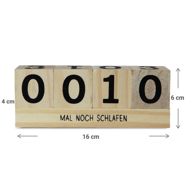 Holzwürfel Countdown Kalender - Zum Einstellen persönlicher Ereignisse wie Urlaub, Hochzeit & Geburtstag - Kiefernholz braun/schwarz 16x6x4cm, 2 Themenleisten