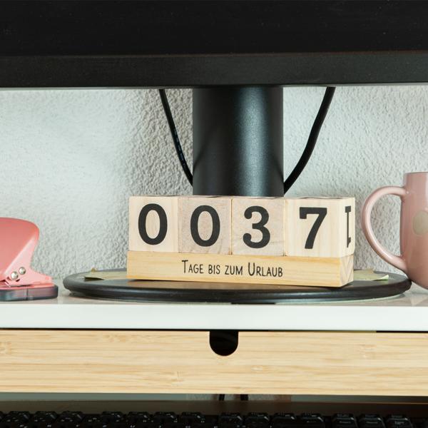 Holzwürfel Countdown Kalender - Zum Einstellen persönlicher Ereignisse wie Urlaub, Hochzeit & Geburtstag - Kiefernholz braun/schwarz 16x6x4cm, 2 Themenleisten