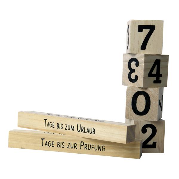 Holzwürfel Countdown Kalender - Zum Einstellen persönlicher Ereignisse wie Urlaub, Hochzeit & Geburtstag - Kiefernholz braun/schwarz 16x6x4cm, 2 Themenleisten