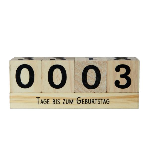 Holzwürfel Countdown Kalender - Zum Einstellen persönlicher Ereignisse wie Urlaub, Hochzeit & Geburtstag - Kiefernholz braun/schwarz 16x6x4cm, 2 Themenleisten