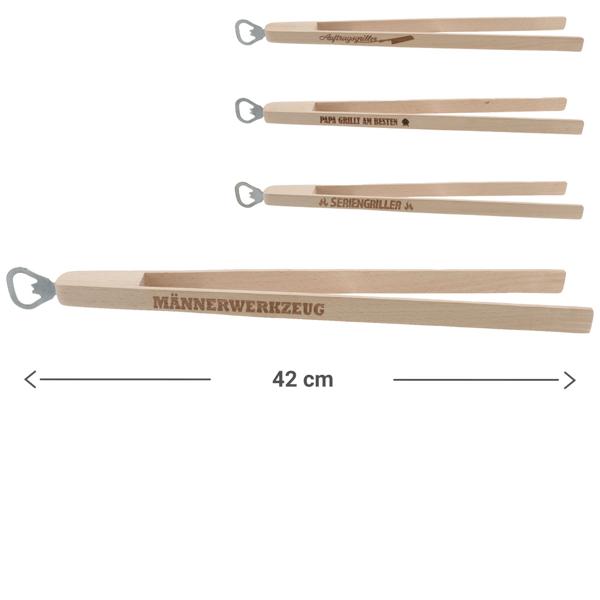 Grillzange mit Flaschenöffner und lustigem Spruch - Kochzange aus Buchenholz und Stahl - 25 cm - für Wurst Fleisch Salat Gemüse - Perfektes Partyzubehör