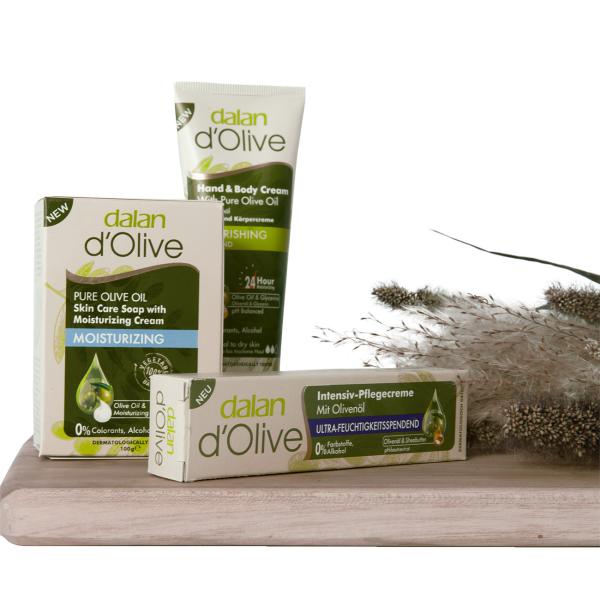 Geschenkset Olive - Intensive Feuchtigkeitspflege für trockene Haut mit ägäischem Olivenöl - Intensivcreme (20ml)-Feuchtigkeitscreme (60ml)-Seife (100g)
