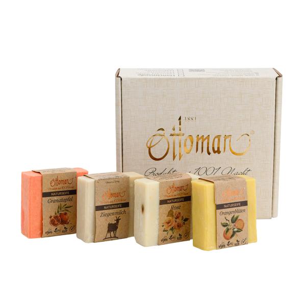 4er-Set Olivenölseifen Naturseife - Granatapfel-Ziegenmilch-Rose-Orangenblüten - 120g je Stück-100% natürlich-vegan-palmölfrei-für Hände-Körper-Haare