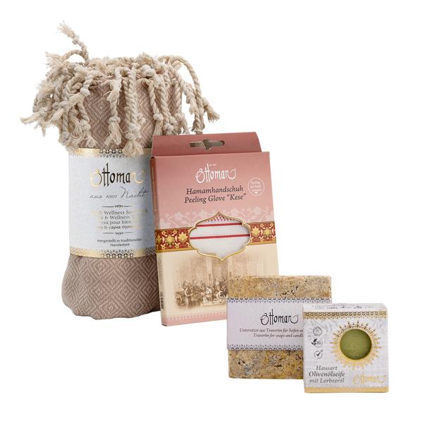 4er Geschenkset - Peelinghandschuh, Olivenölseife, Seifenschale & Hamamtuch für Wellness & Spa zu Hause - Beugt Hautalterung vor
