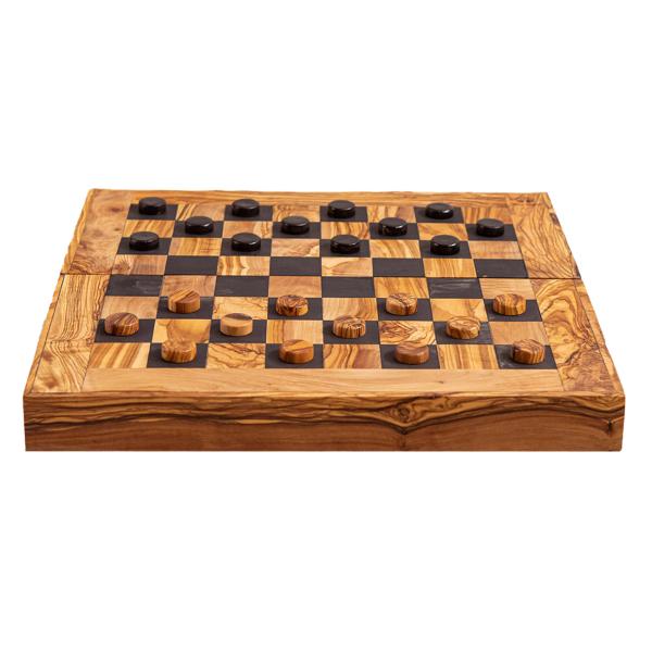 Olivenholz 3-in-1 Spielbrett Handgefertigt - Schach, Dame, Backgammon im Koffer - Inkl. Figuren, 40x40x5 cm, Made in Italy