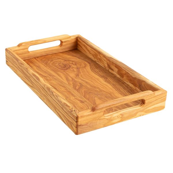 Serviertablett Olivenholz - Holztablett mit zwei Tragegriffen - Robust, langlebig - Zum Servieren von Tee, Kaffee, Gebäck, Tapas, Sushi - 41x24x6cm