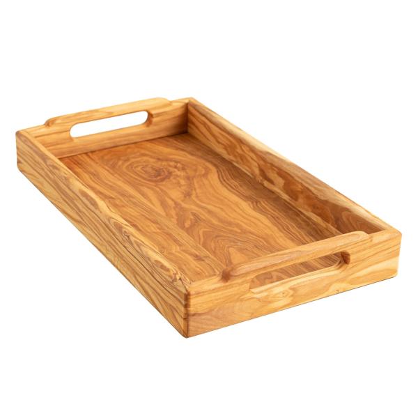 Serviertablett Olivenholz - Holztablett mit zwei Tragegriffen - Robust, langlebig - Zum Servieren von Tee, Kaffee, Gebäck, Tapas, Sushi - 41x24x6cm