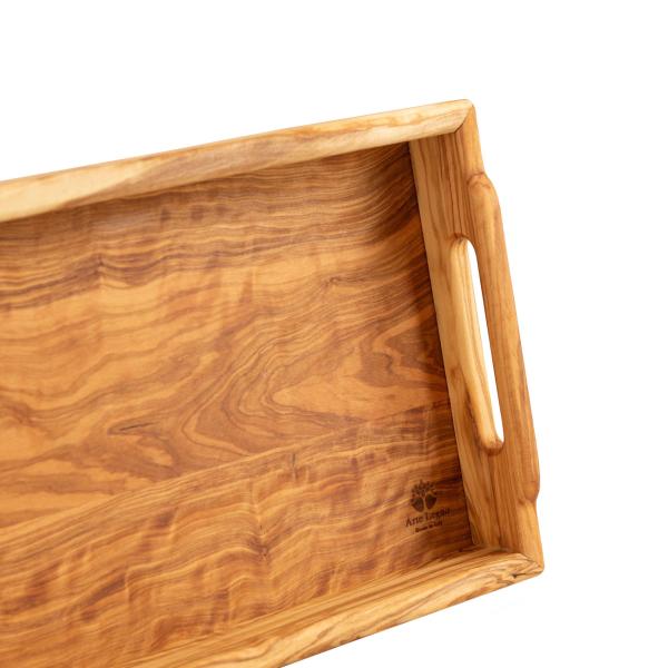 Serviertablett Olivenholz - Holztablett mit zwei Tragegriffen - Robust, langlebig - Zum Servieren von Tee, Kaffee, Gebäck, Tapas, Sushi - 41x24x6cm