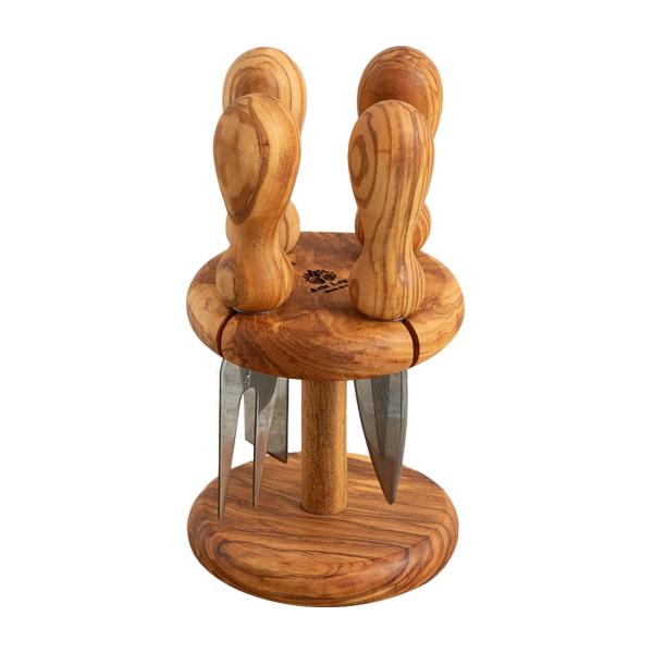 Käsemesser Set 5-teilig aus Olivenholz - Mit dekorativem Ständer für alle Käsesorten - Handgefertigt in Italien - 9x9x16cm - Ideal als Geschenk