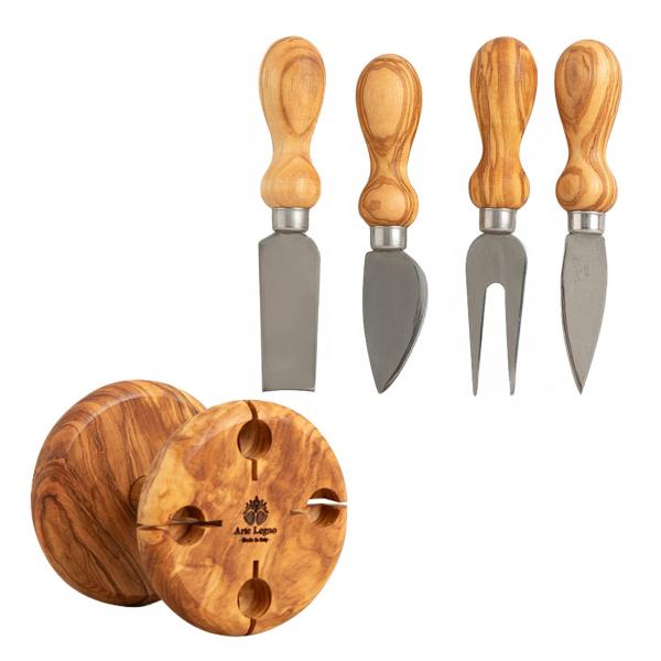 Käsemesser Set 5-teilig aus Olivenholz - Mit dekorativem Ständer für alle Käsesorten - Handgefertigt in Italien - 9x9x16cm - Ideal als Geschenk