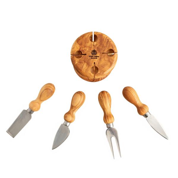 Käsemesser Set 5-teilig aus Olivenholz - Mit dekorativem Ständer für alle Käsesorten - Handgefertigt in Italien - 9x9x16cm - Ideal als Geschenk