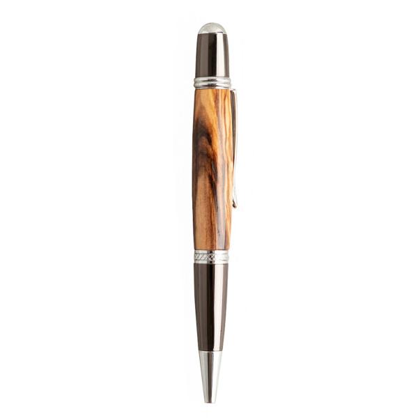 Olivenholz Kugelschreiber mit Metall-Details - Edler Holz-Kugelschreiber für Büro & Geschenk - Handgefertigt - braun/schwarz/silber - 40g - Unikat