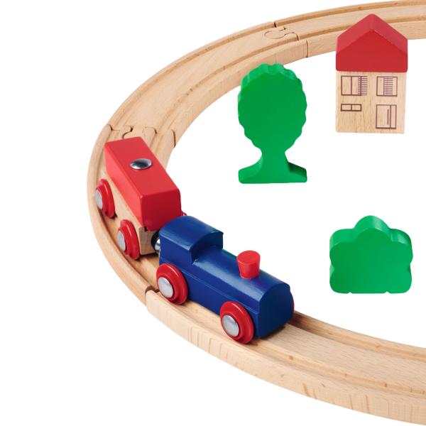 20-tlg. Holzeisenbahn Set – FSC® Buchenholz Zug mit Schienen, Lok, Wagons, Bäumen & Häusern – 135cm Strecke, kompatibel – Fördert Motorik, Kreativität