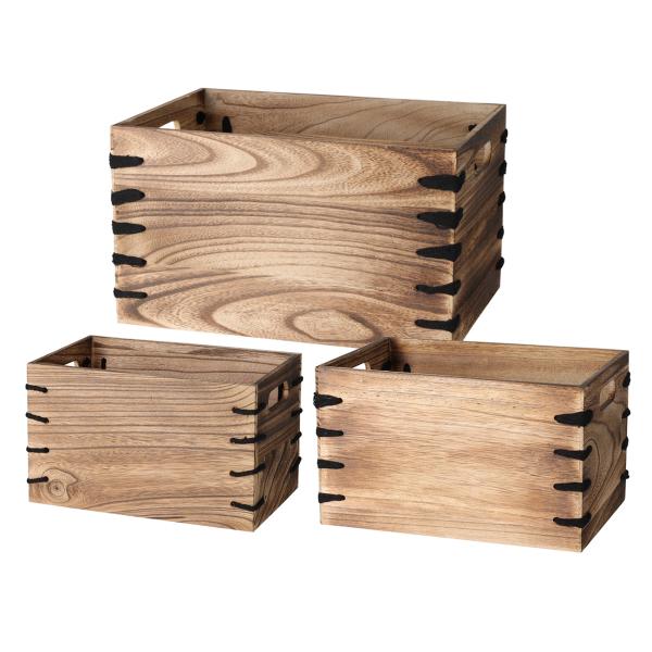 3er-Set Holzkisten Paulownia Holz braun - Vintage-Design Deko & Aufbewahrung - 26x16x16 / 30x20x18 / 34x24x20 cm - Grifföffnungen & Verzierung