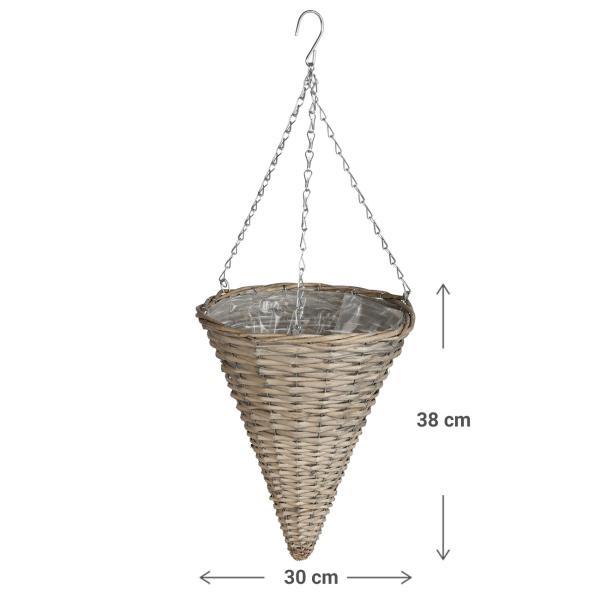 Blumenampel Trichter-Form Weidengeflecht - Hängender Blumentopf braun/silber mit Haken & Pflanzenfolie - Vintage Deko für Balkon Terrasse 30x38cm