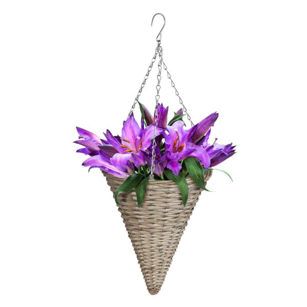 Blumenampel Trichter-Form Weidengeflecht - Hängender Blumentopf braun/silber mit Haken & Pflanzenfolie - Vintage Deko für Balkon Terrasse 30x38cm