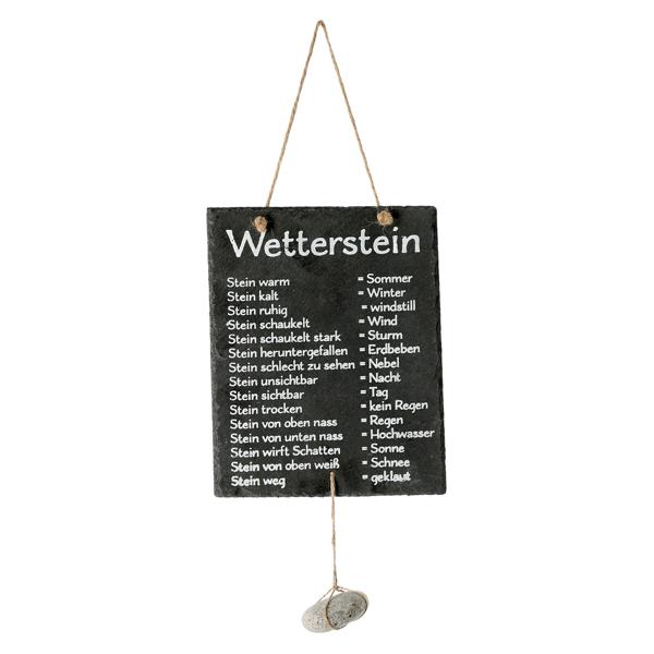 Deko Schiefertafel Wetterstein mit Aufschrift - Lustiger Wetteranzeiger für Garten & Aussenbereich - Moderne Wetterwarte mit Stein - Schwarz - 20x25cm