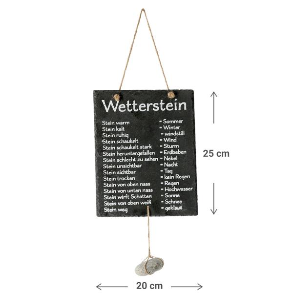 Deko Schiefertafel Wetterstein mit Aufschrift - Lustiger Wetteranzeiger für Garten & Aussenbereich - Moderne Wetterwarte mit Stein - Schwarz - 20x25cm
