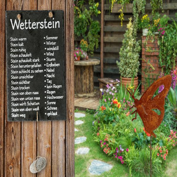 Deko Schiefertafel Wetterstein mit Aufschrift - Lustiger Wetteranzeiger für Garten & Aussenbereich - Moderne Wetterwarte mit Stein - Schwarz - 20x25cm