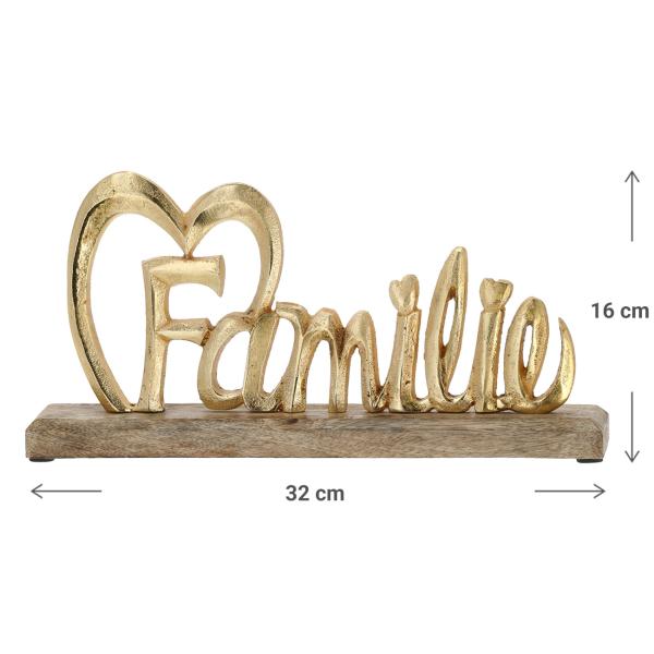 Schriftzug Familie aus Holz & Aluminium - Aufsteller & Wanddeko gold/braun mit Herz - 32x16x5 cm - Ideales Geschenk für Zuhause