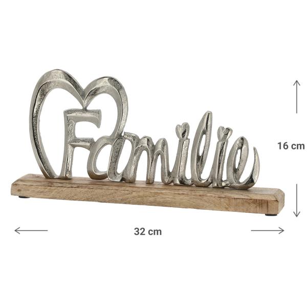 Deko-Schriftzug "Familie mit Herz" - Holz & Aluminium Aufsteller - Modernes Wohnaccessoire für Wände, Flure & Küchen - Silber/Braun - 32x16x5cm