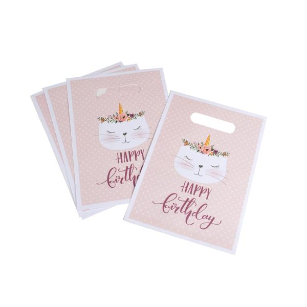 Geschenktüten Happy Birthday 6er-Set - Bonbontüten mit Katzen-Motiv - Süssigkeiten Taschen mit Henkel - 16,2x23cm - Nachhaltige Kindergeburtstag-Verpackung