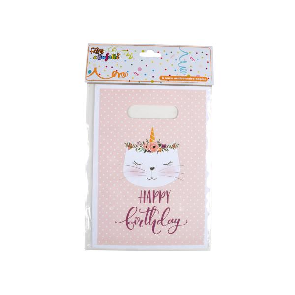 Geschenktüten Happy Birthday 6er-Set - Bonbontüten mit Katzen-Motiv - Süssigkeiten Taschen mit Henkel - 16,2x23cm - Nachhaltige Kindergeburtstag-Verpackung