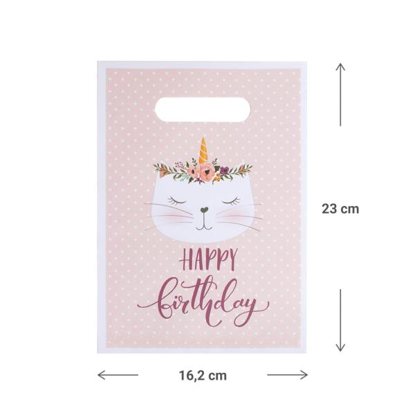 Geschenktüten Happy Birthday 6er-Set - Bonbontüten mit Katzen-Motiv - Süssigkeiten Taschen mit Henkel - 16,2x23cm - Nachhaltige Kindergeburtstag-Verpackung