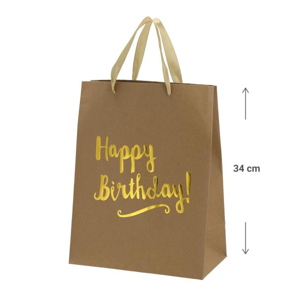 Geschenktüte Papier Happy Birthday - Geschenktasche mit Henkel für kleine Präsente Mitgebsel Süssigkeiten Bonbons Kosmetik - Kraftpapier 27x34x15cm