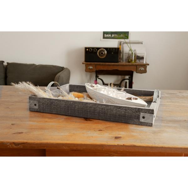 Teelichthalter Boot Holz Maritim - 3 Teelichtgläser Muscheln Seestern - Weiss Braun Glas MDF 40x10x8cm - Wohnzimmer Bad Deko