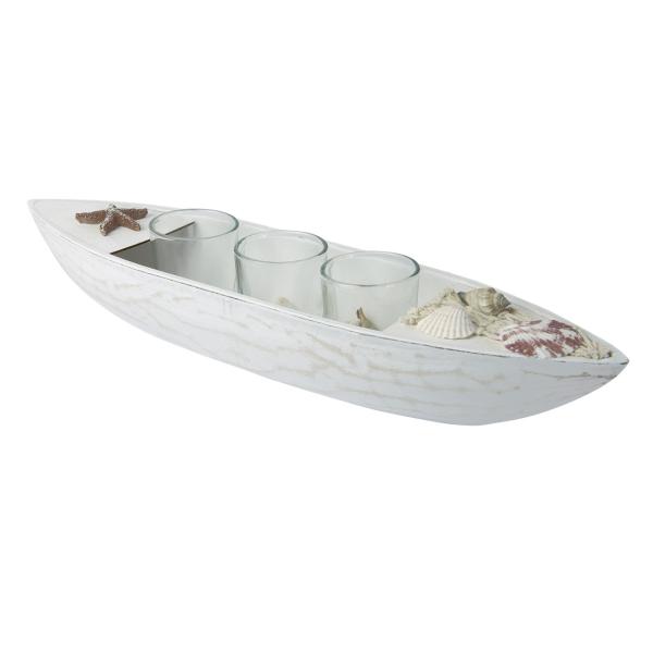 Teelichthalter Boot Holz Maritim - 3 Teelichtgläser Muscheln Seestern - Weiss Braun Glas MDF 40x10x8cm - Wohnzimmer Bad Deko