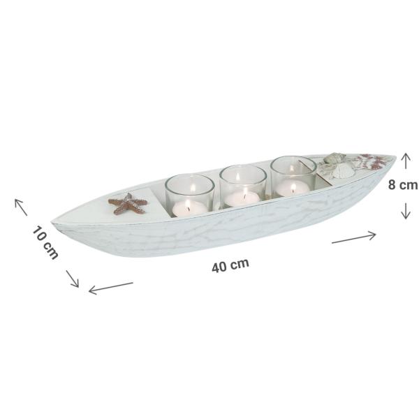 Teelichthalter Boot Holz Maritim - 3 Teelichtgläser Muscheln Seestern - Weiss Braun Glas MDF 40x10x8cm - Wohnzimmer Bad Deko