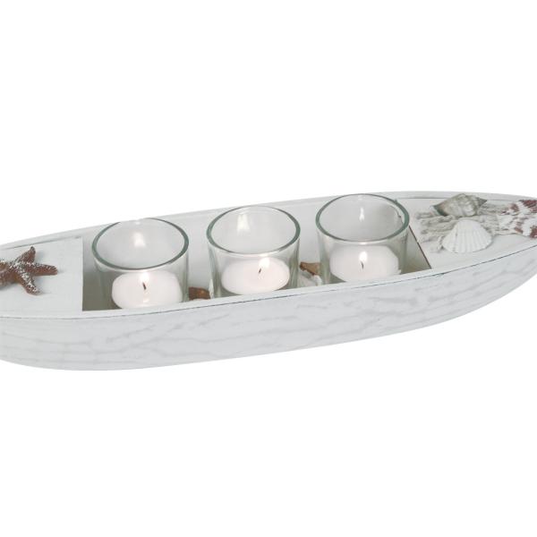 Teelichthalter Boot Holz Maritim - 3 Teelichtgläser Muscheln Seestern - Weiss Braun Glas MDF 40x10x8cm - Wohnzimmer Bad Deko